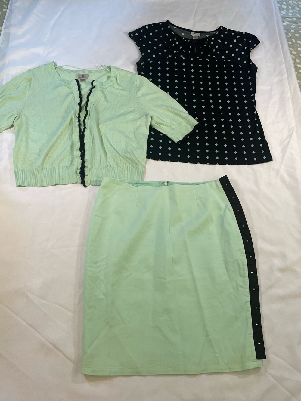 Worthington Women’s Mint Green & Black Skirt/Top/Sweater Set, Sizes M, L, and 14